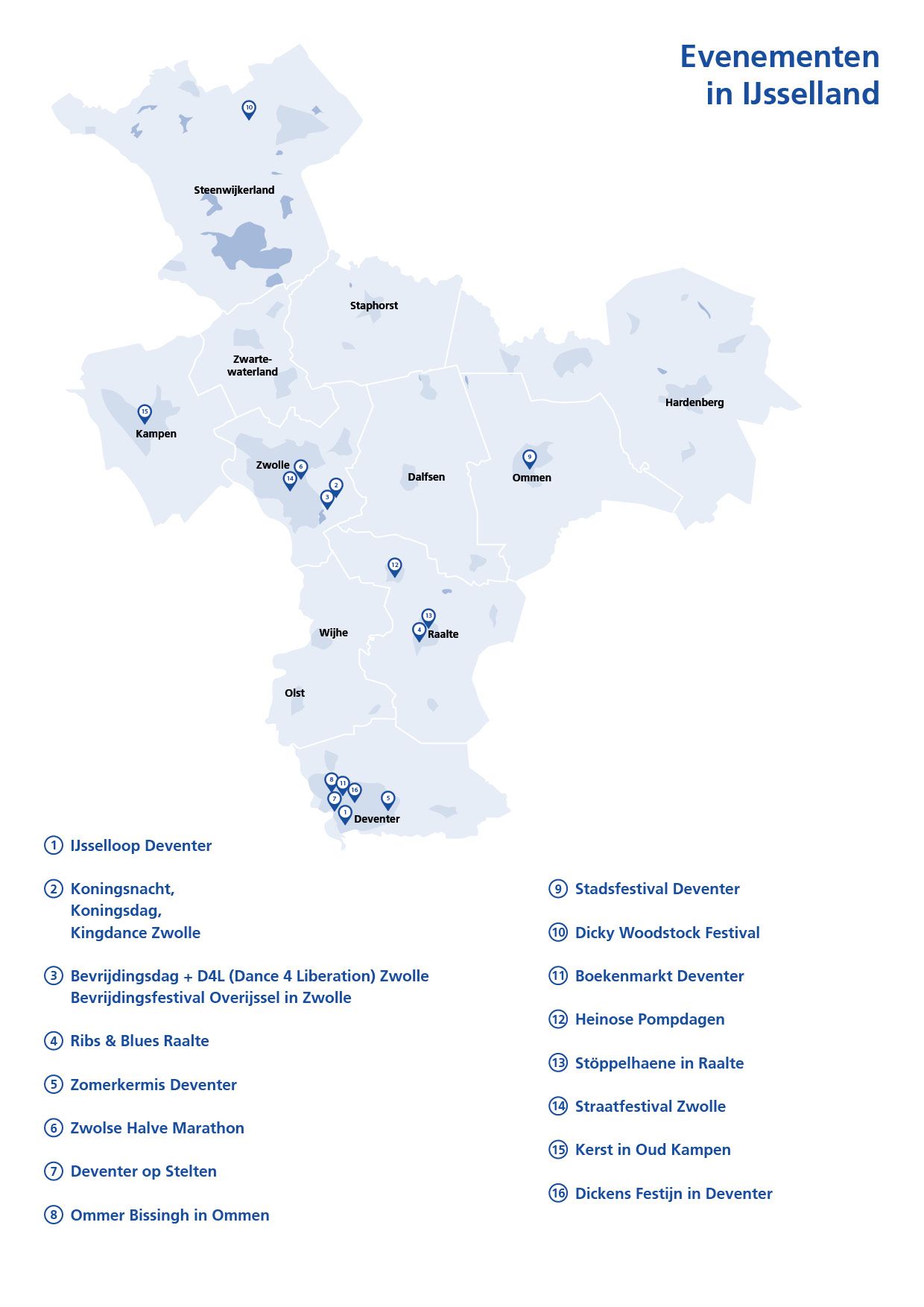 Regiokaart IJsselland met de locaties van evenementen in 2023