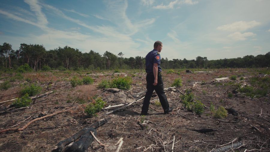 brandweerman op afgebrand natuurgebied