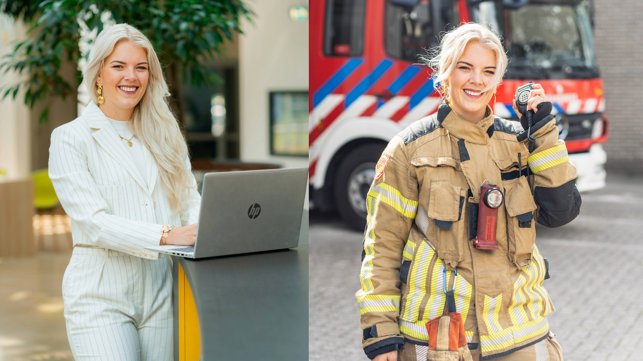 Brandweervrijwilliger in haar normale baan als HR adviseur en daarnaast in haar bluspak